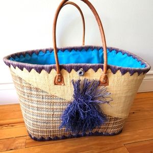 Woven blue and beige straw Beach bag